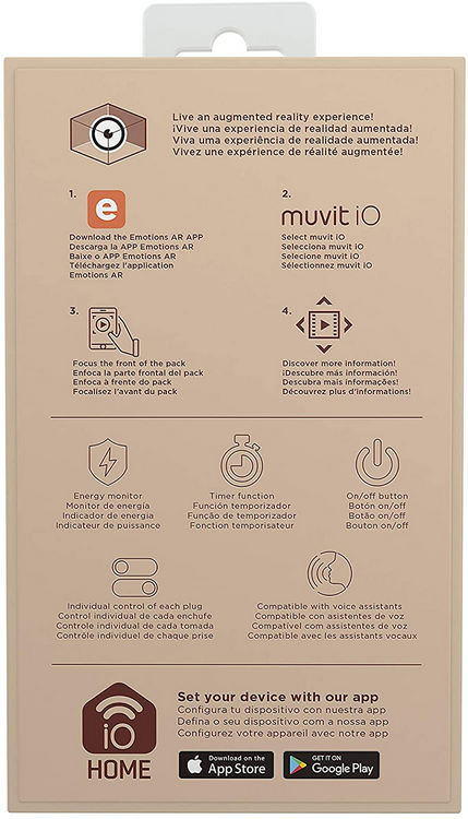 Embalaje con instrucciones e iconos. Instrucciones de experiencia AR en varios idiomas e iconos.