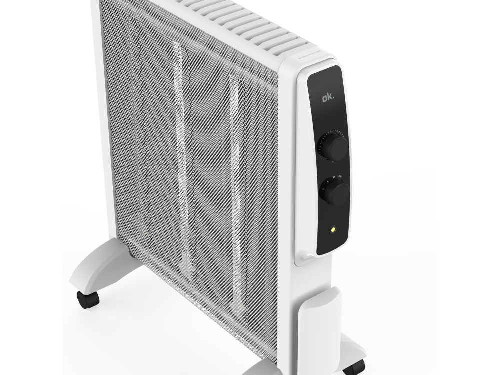 Calentador eléctrico blanco con perillas de control y frontal de malla, sobre base blanca.