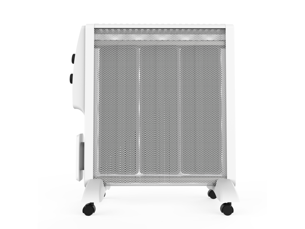 Radiador eléctrico blanco sobre ruedas, con frontal de malla y panel de control lateral.