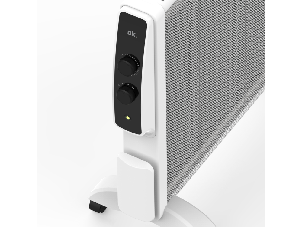 Calentador eléctrico blanco con controles negros. Tiene una pantalla digital y está sobre una superficie blanca.