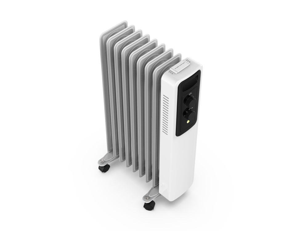 Un radiador de aceite blanco con panel de control y ruedas giratorias.