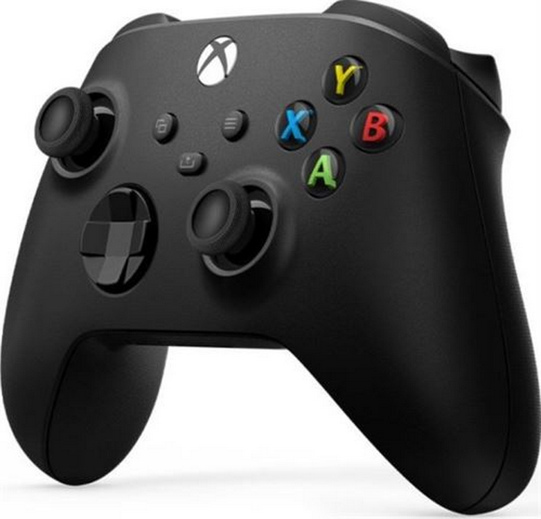Mando Xbox negro con botones de colores (A, B, X, Y) y dos joysticks, sobre fondo blanco.