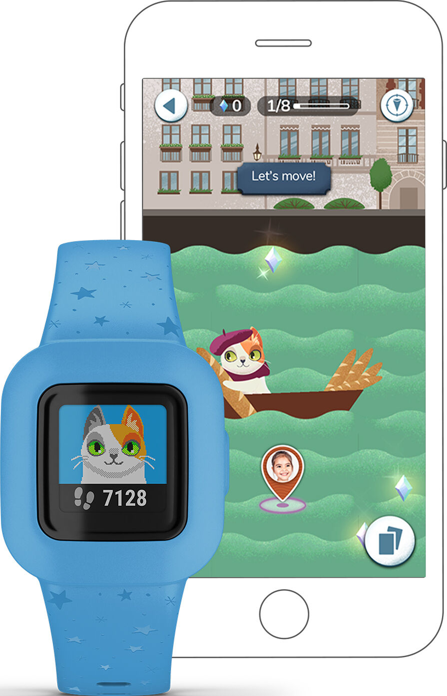 Smartwatch bleu avec un jeu de chat sur l'écran du téléphone.