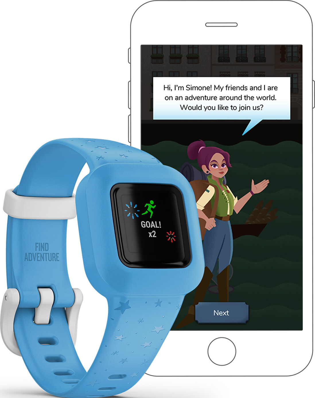 Smartwatch bleu pour enfants avec une interface de dessin animé sur fond blanc. Un téléphone affiche un jeu.
