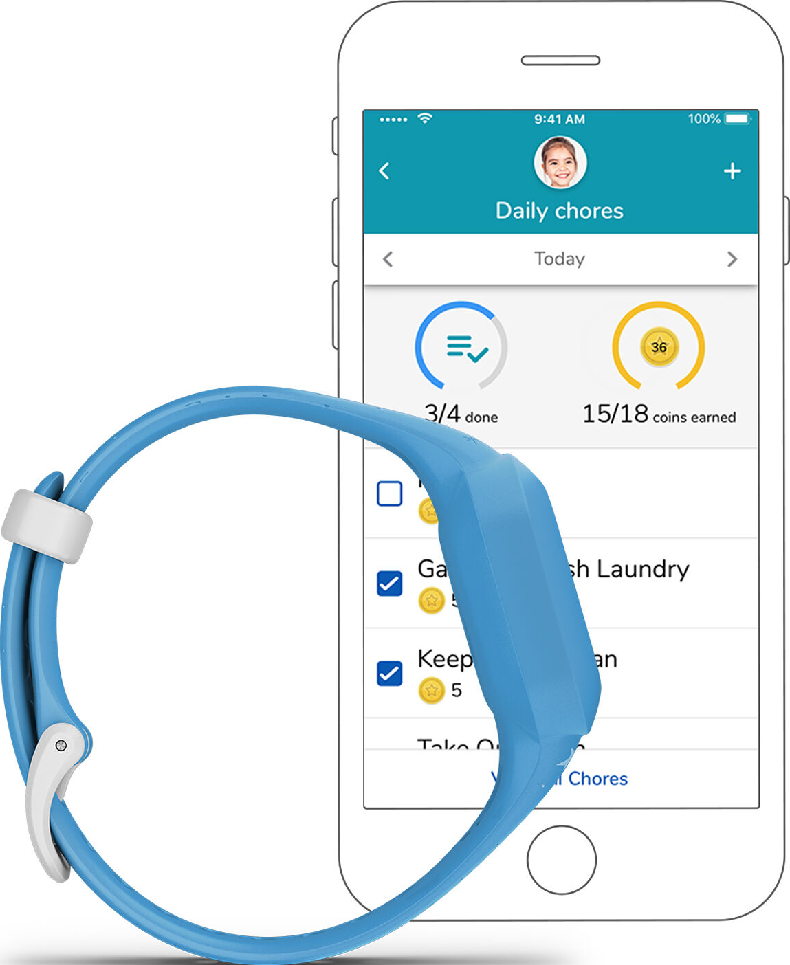 Un tracker de fitness bleu avec un téléphone blanc affichant une application de tâches et un visage de dessin animé.