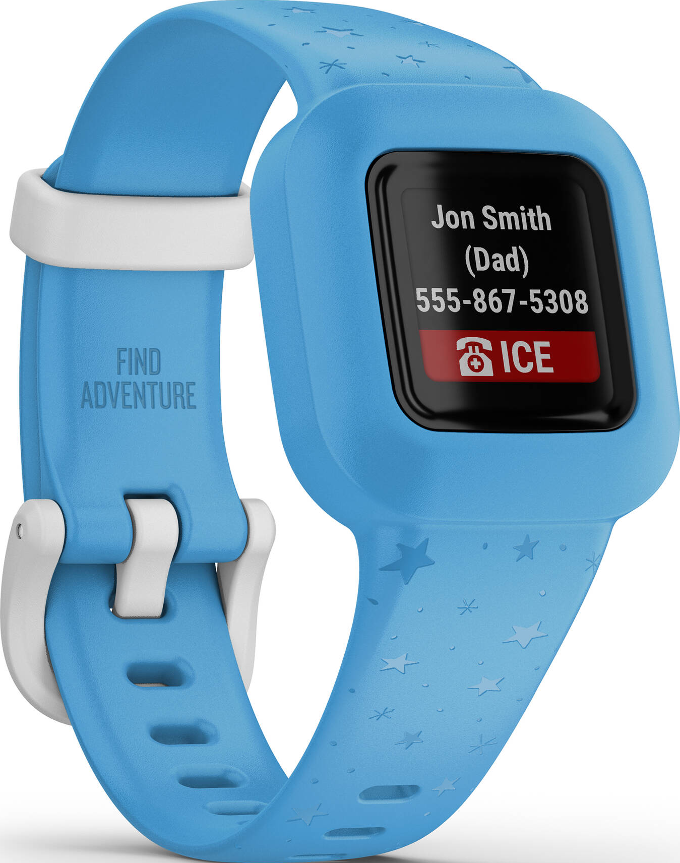 Une montre intelligente bleue avec un écran noir affichant le nom et le numéro de téléphone d'un contact, ainsi que 'ICE' et une icône d'urgence.