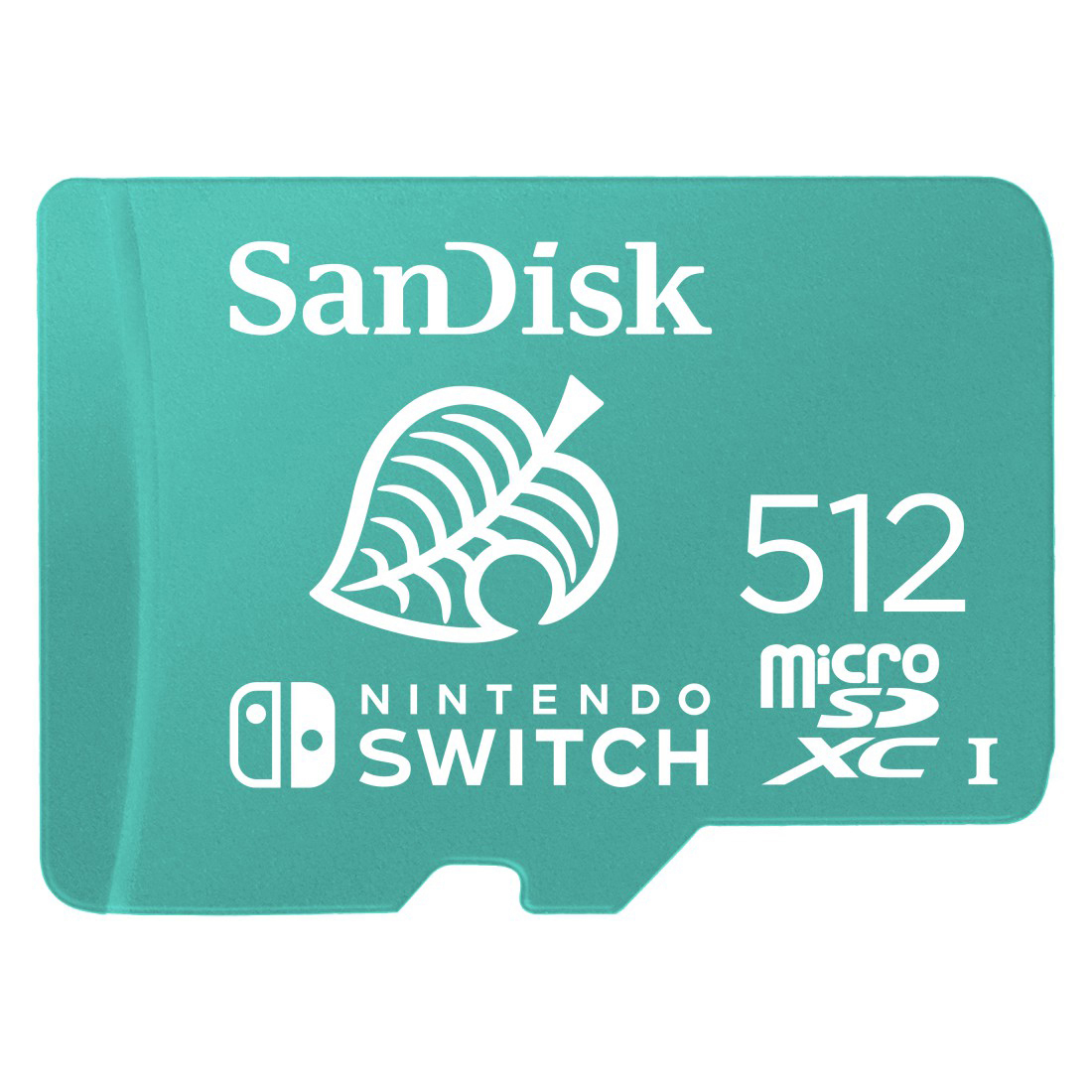 Türkisfarbene SanDisk microSD-Karte mit weißem Nintendo Switch-Logo und Blatt-Symbol.