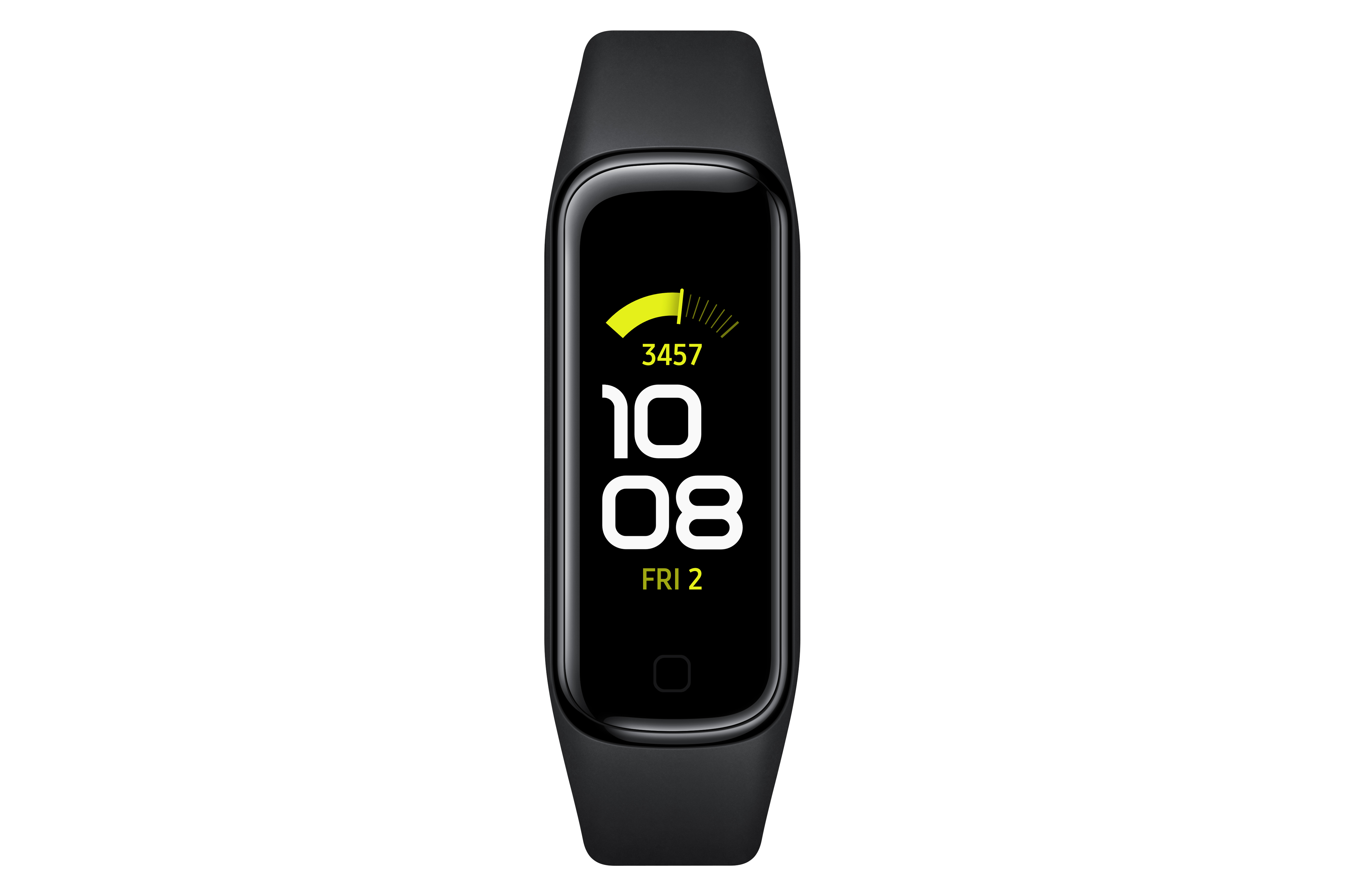Ekranında saati, adımları ve pil seviyesini gösteren siyah bir fitness bandı, beyaz bir arka plan üzerinde.