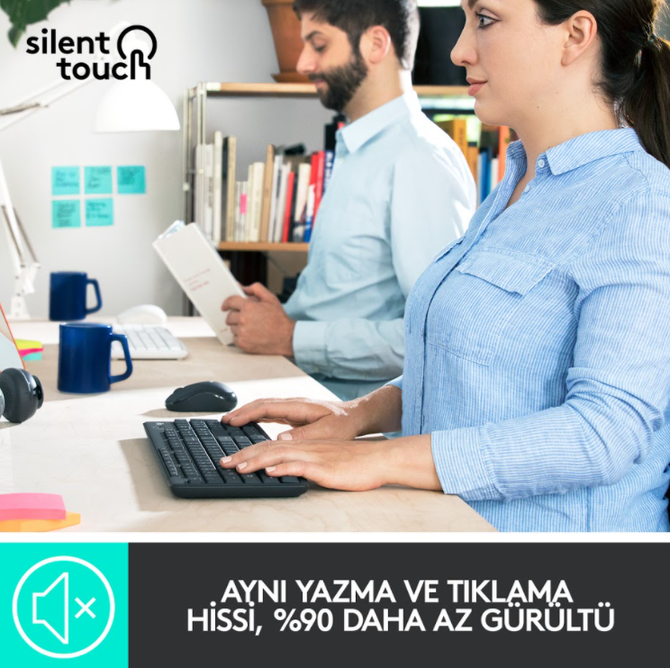 Klavye ve fare ile masada çalışan insanlar, sessiz dokunuş logosu ile.