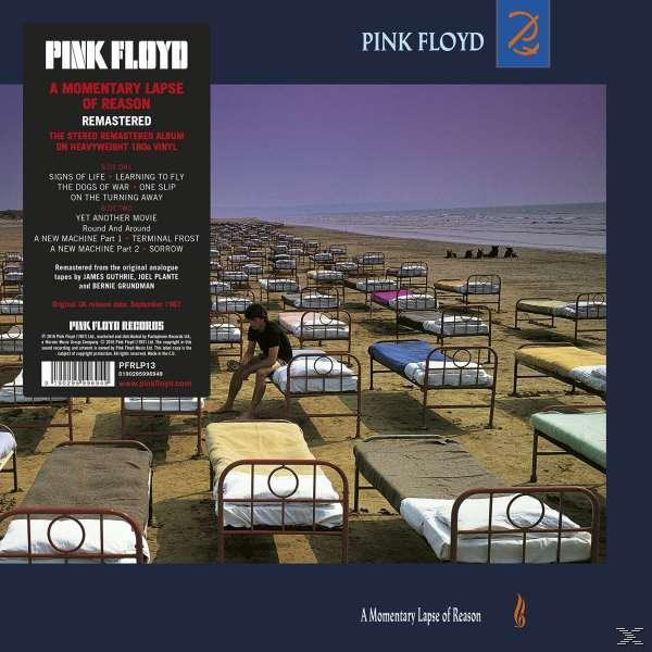Pink Floyd Albumcover mit Betten am Strand und Text.