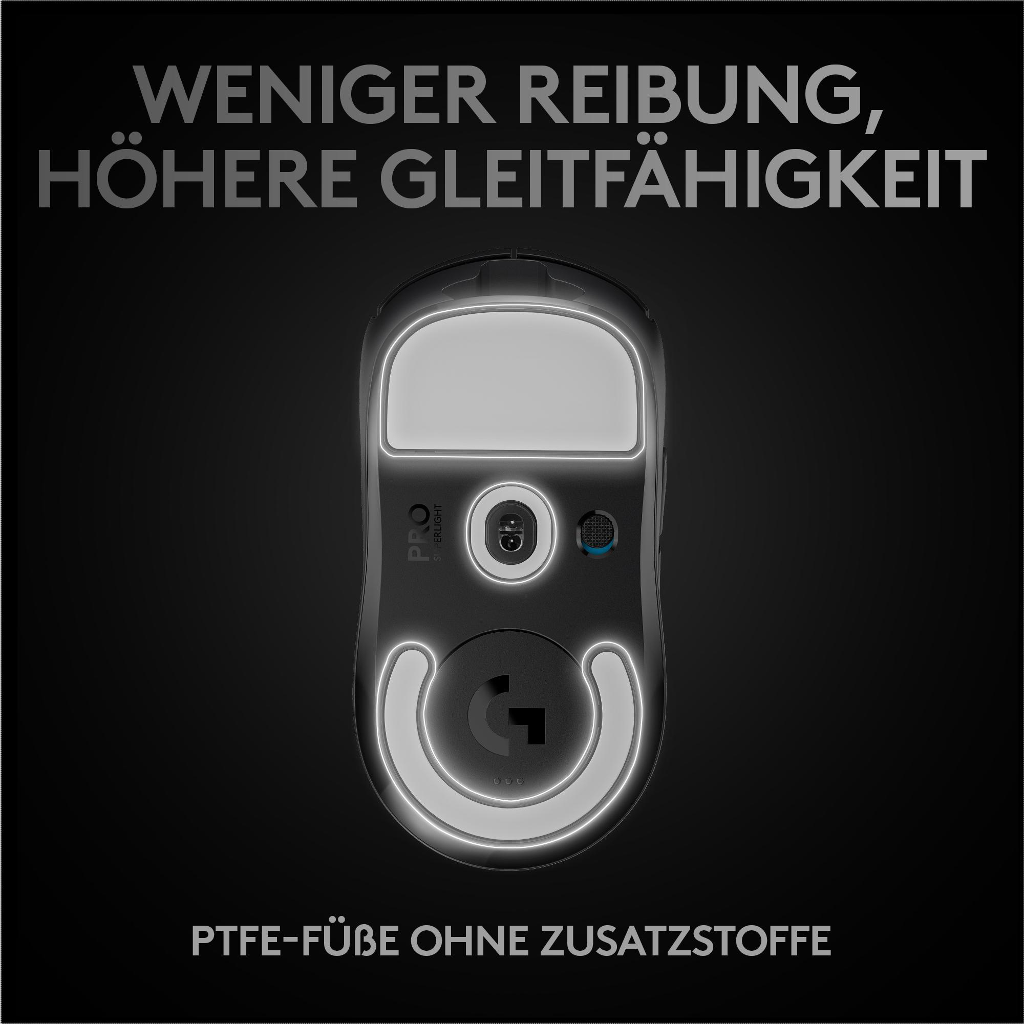 Die Unterseite einer Maus mit weißer Beleuchtung und dem Text 'PTFE-FÜßE OHNE ZUSATZSTOFFE'.