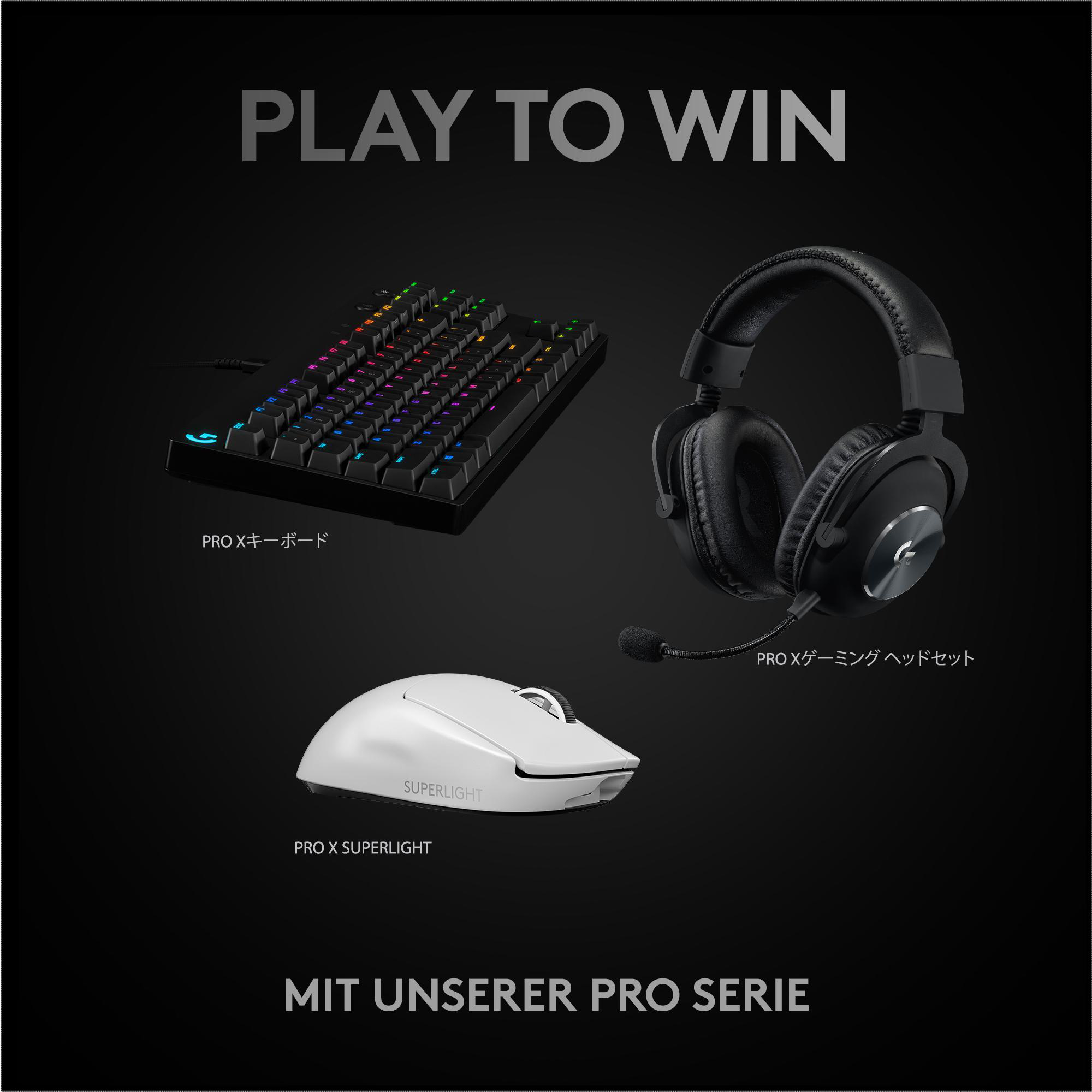 Gaming-Setup: Tastatur, Headset und Maus. Schwarzer Hintergrund mit 'PLAY TO WIN' und Produktnamen.