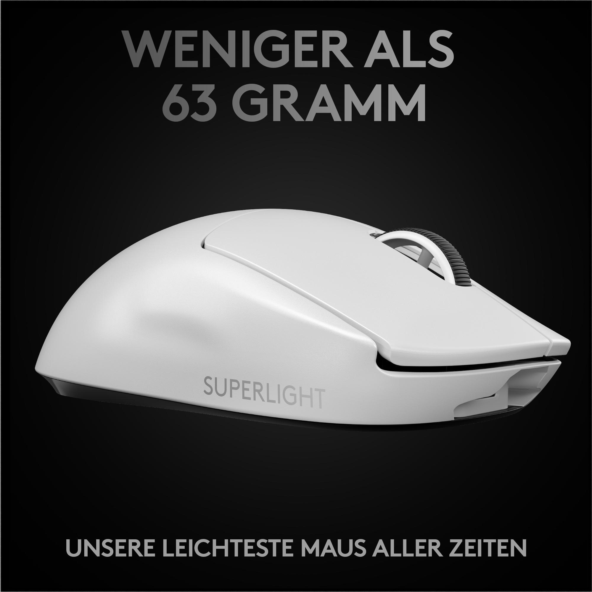 Eine weiße, gebogene Computermaus mit dem Wort SUPERLIGHT. Text: WENIGER ALS 63 GRAMM.