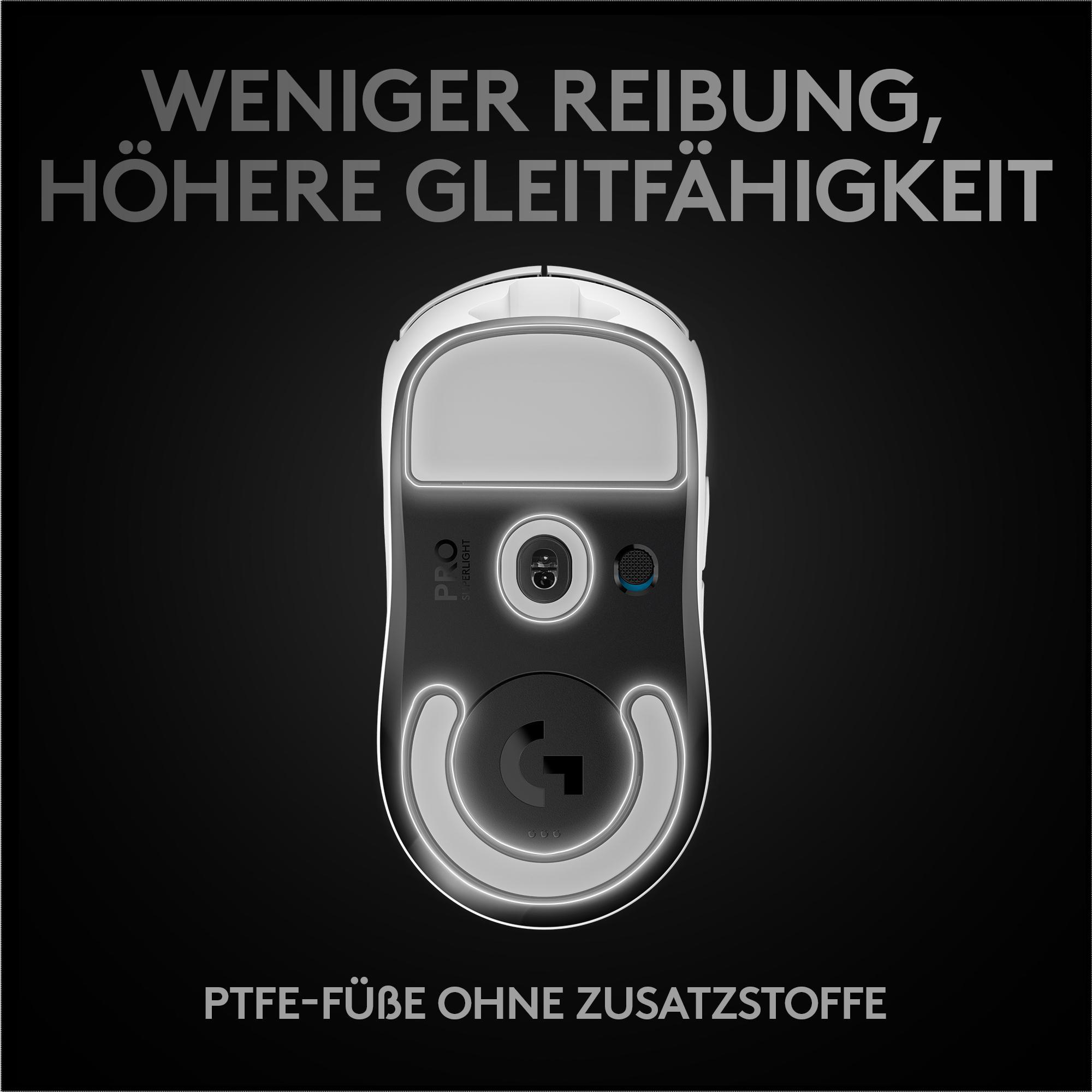 Draufsicht auf eine weiße Computermaus mit beleuchteten Merkmalen.