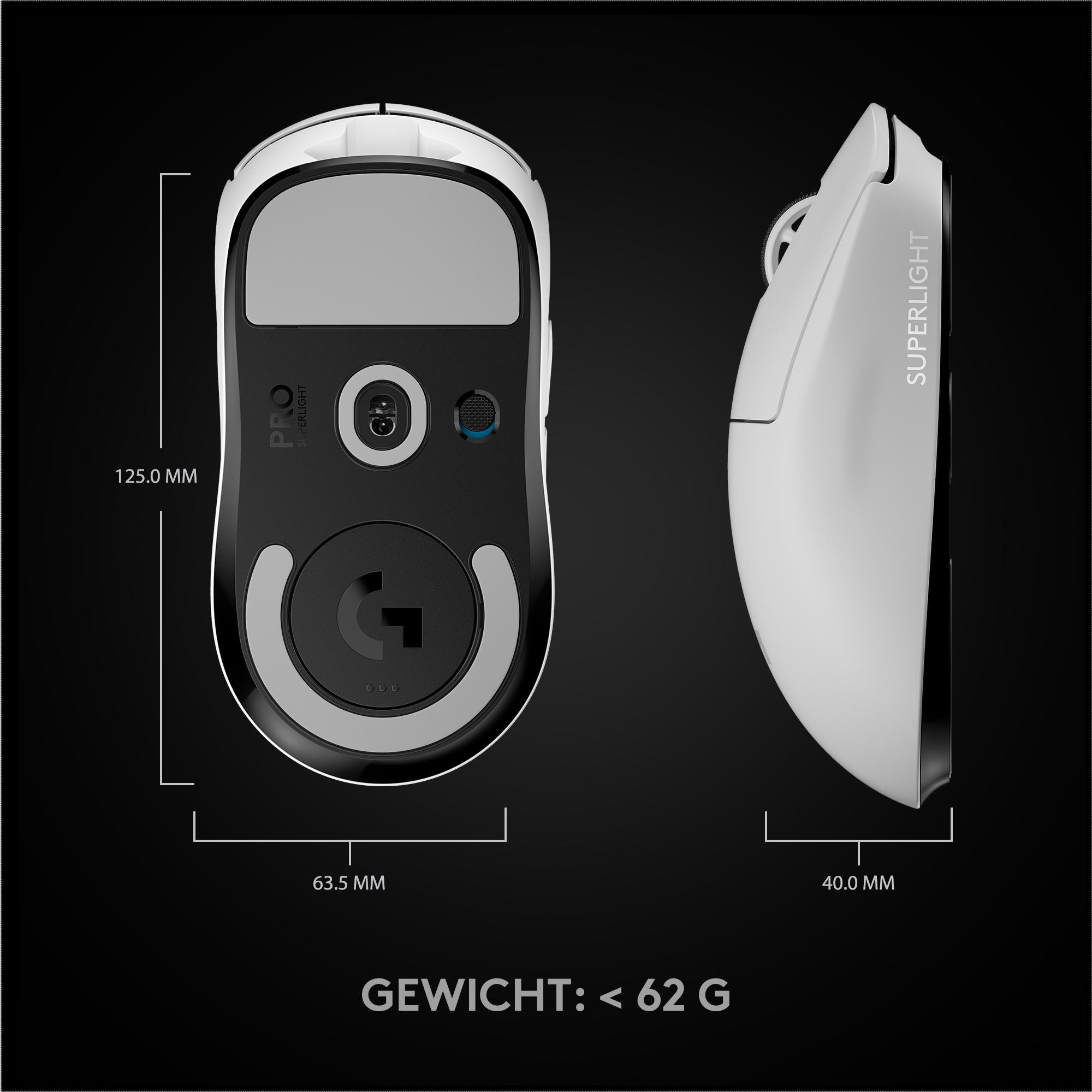 Eine weiße und schwarze Computermaus. Maße und Gewicht sind ebenfalls angegeben.