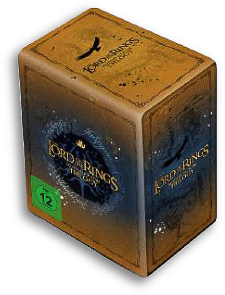 Die Herr der Ringe Trilogie Box-Set. Die Box ist braun mit dem Titel und Logo der Trilogie.