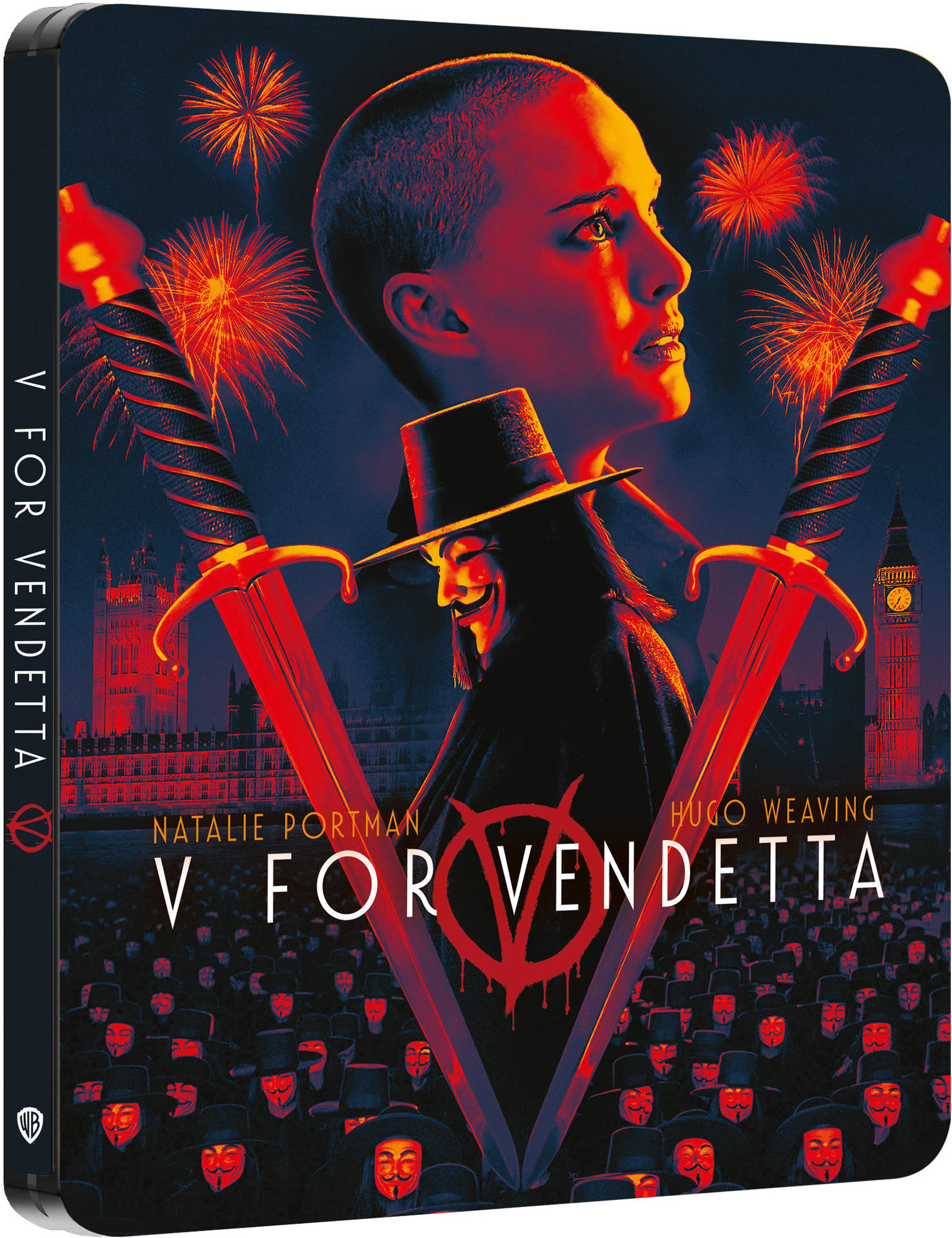 Filmcover von V for Vendetta. Mit Natalie Portman, Hugo Weaving, einer V-Maske, Schwertern, Feuerwerk und einer Menge maskierter Menschen.