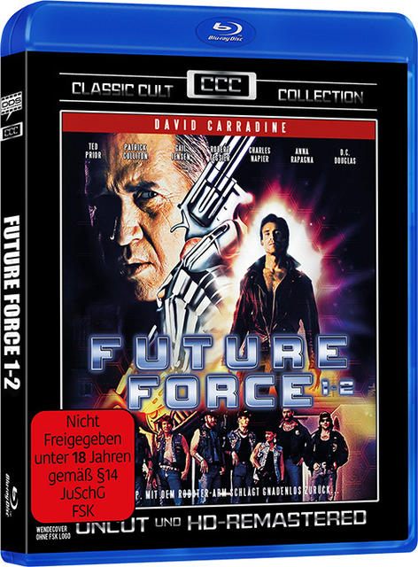 DVD-Hülle mit dem Filmtitel 'Future Force 1-2' mit Schauspielern und blauem Cover.