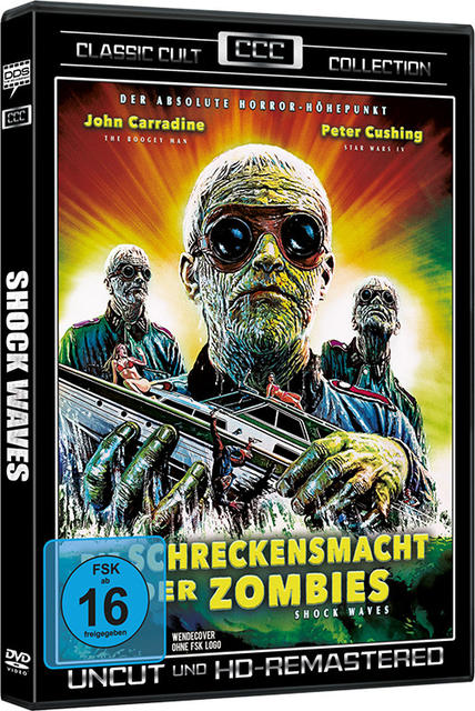 Shock Waves DVD-Cover mit zombieartiger Person und Filmtitel.