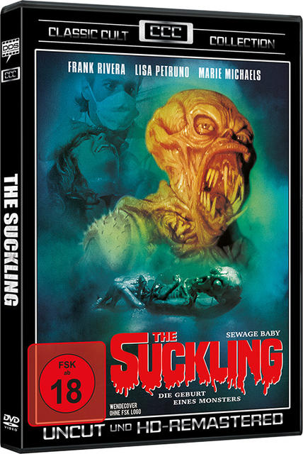 DVD-Cover. Monster mit offenem Mund, Person mit Maske. Der Titel lautet The Suckling.