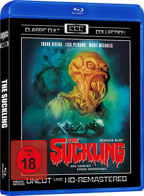 Blu-ray-Disc-Cover eines Horrorfilms. Enthält ein Monster mit einem Baby und Text. Freigegeben ab 18.