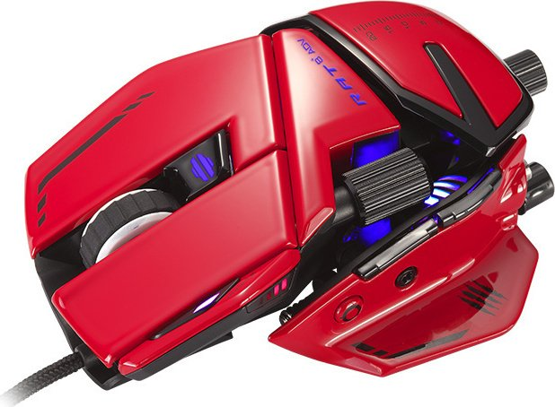 Eine rote, futuristische Gaming-Maus mit vielen Knöpfen und blauer Beleuchtung.