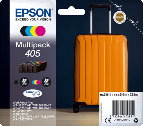 Epson printerinkt multipack met een oranje koffer, zwarte, cyaan, magenta, gele inkt.