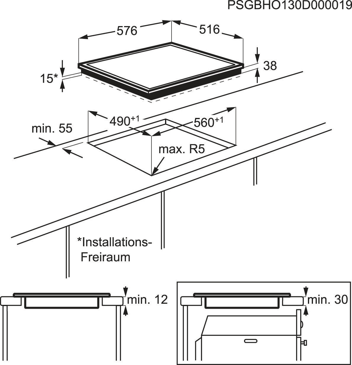 Diagramm eines Einbaukochfelds mit Abmessungen.