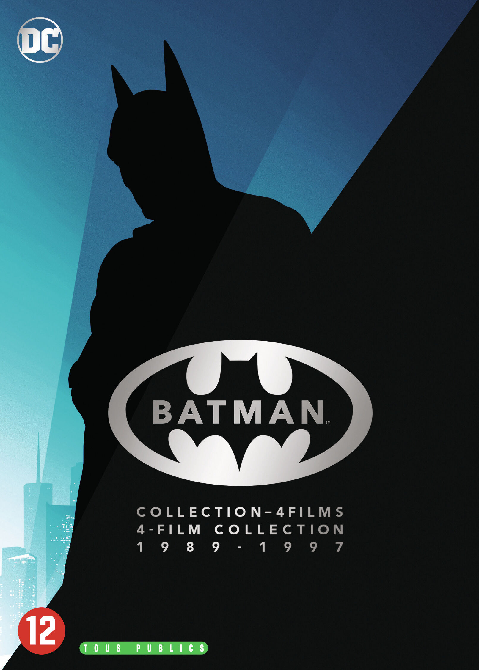 Batman DVD-box met een silhouet van Batman. Blauwe achtergrond, tekst op de cover.