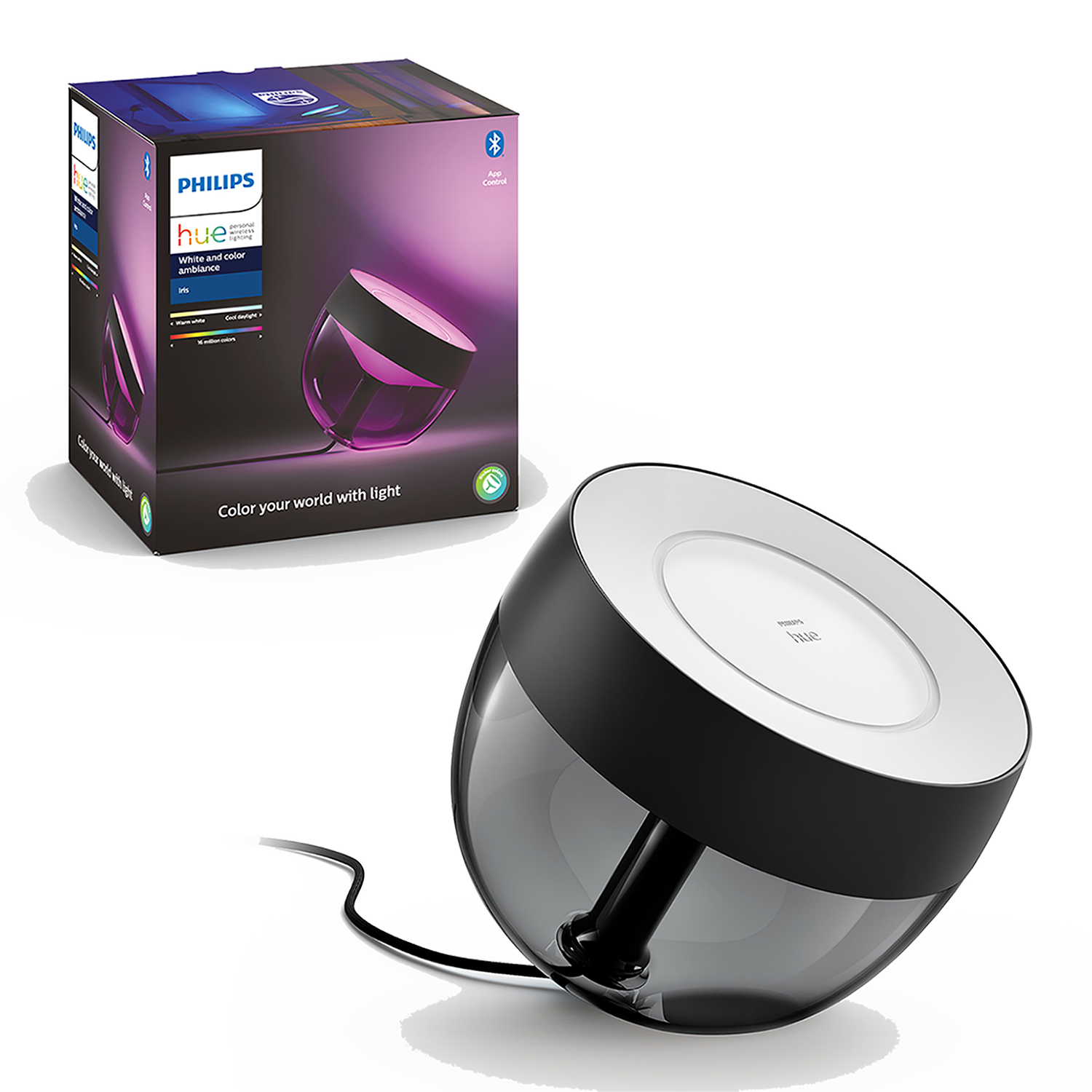 Een Philips Hue lamp en de doos. De lamp is zwart en heeft een wit lichtoppervlak.