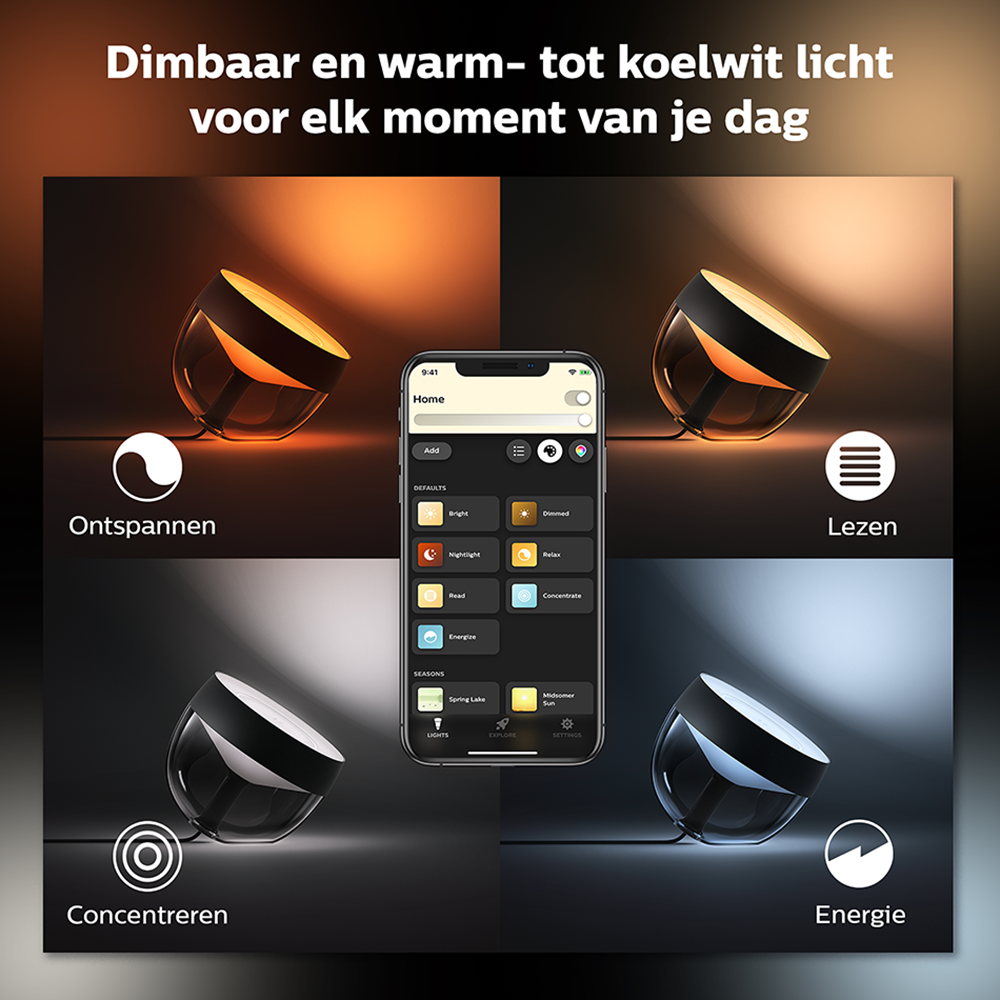 Afbeelding toont een Philips Hue slim licht systeem met verschillende lichtscènes op een telefoon.