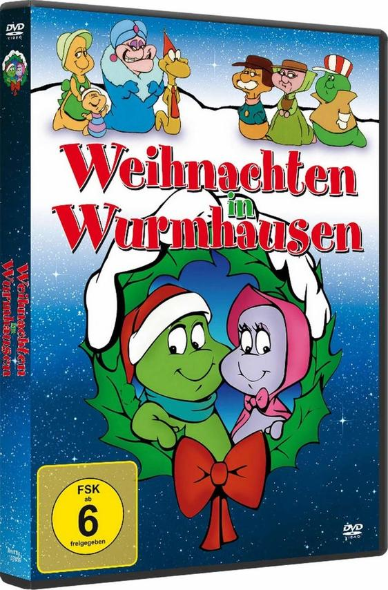DVD-Cover mit Zeichentrickfiguren und einem Weihnachtskranz.