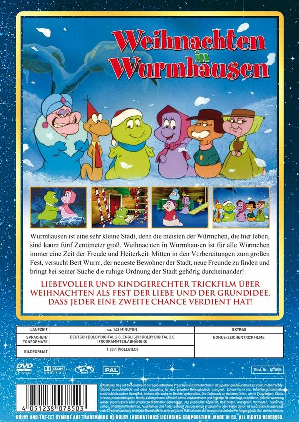 DVD-Hülle hinten mit Zeichentrickfiguren und Text auf Deutsch, mit einer Winterszene und mehreren Zeichentrickbildern.