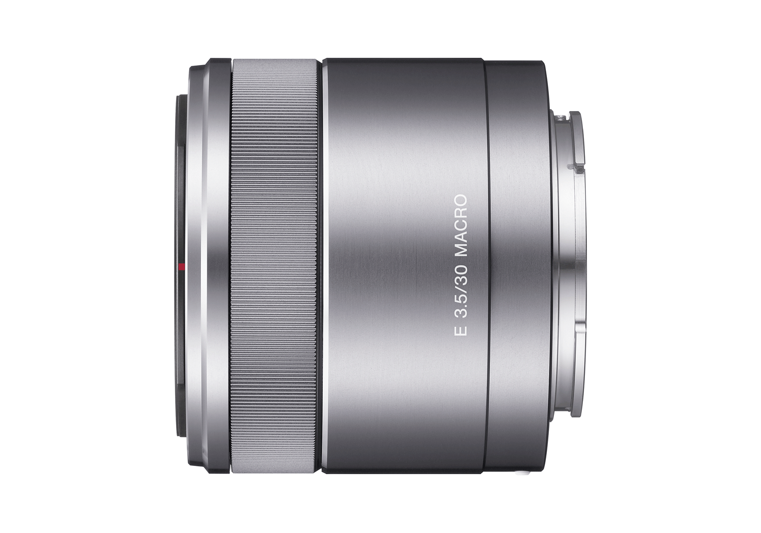 Silver macro lens with a ribbed ring and text labeling.