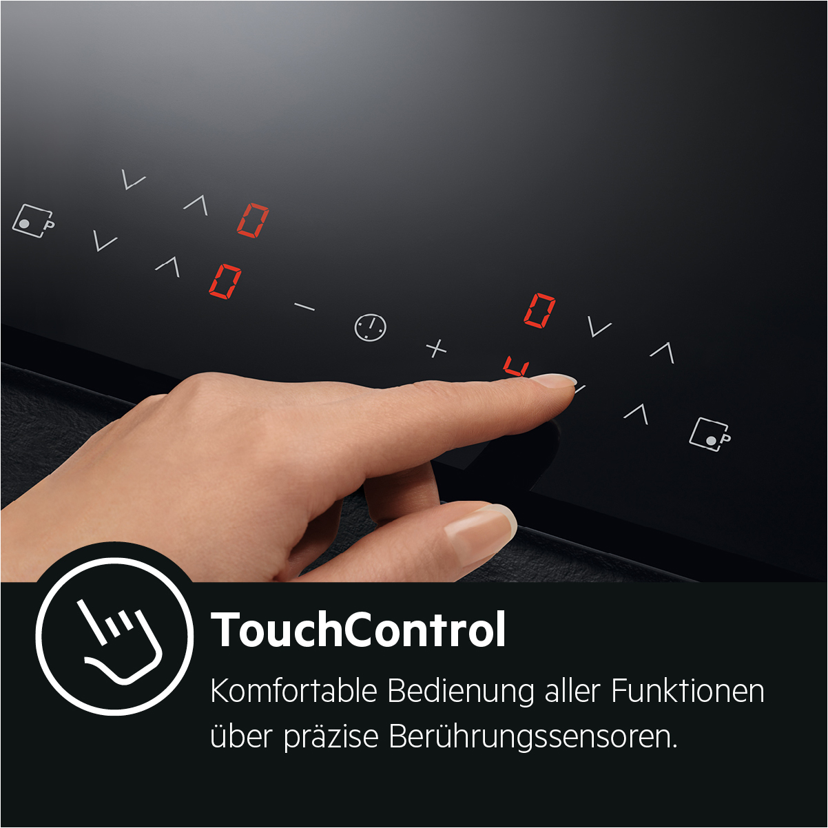 Eine Hand berührt eine schwarze Glasoberfläche mit Touch-Bedienelementen.