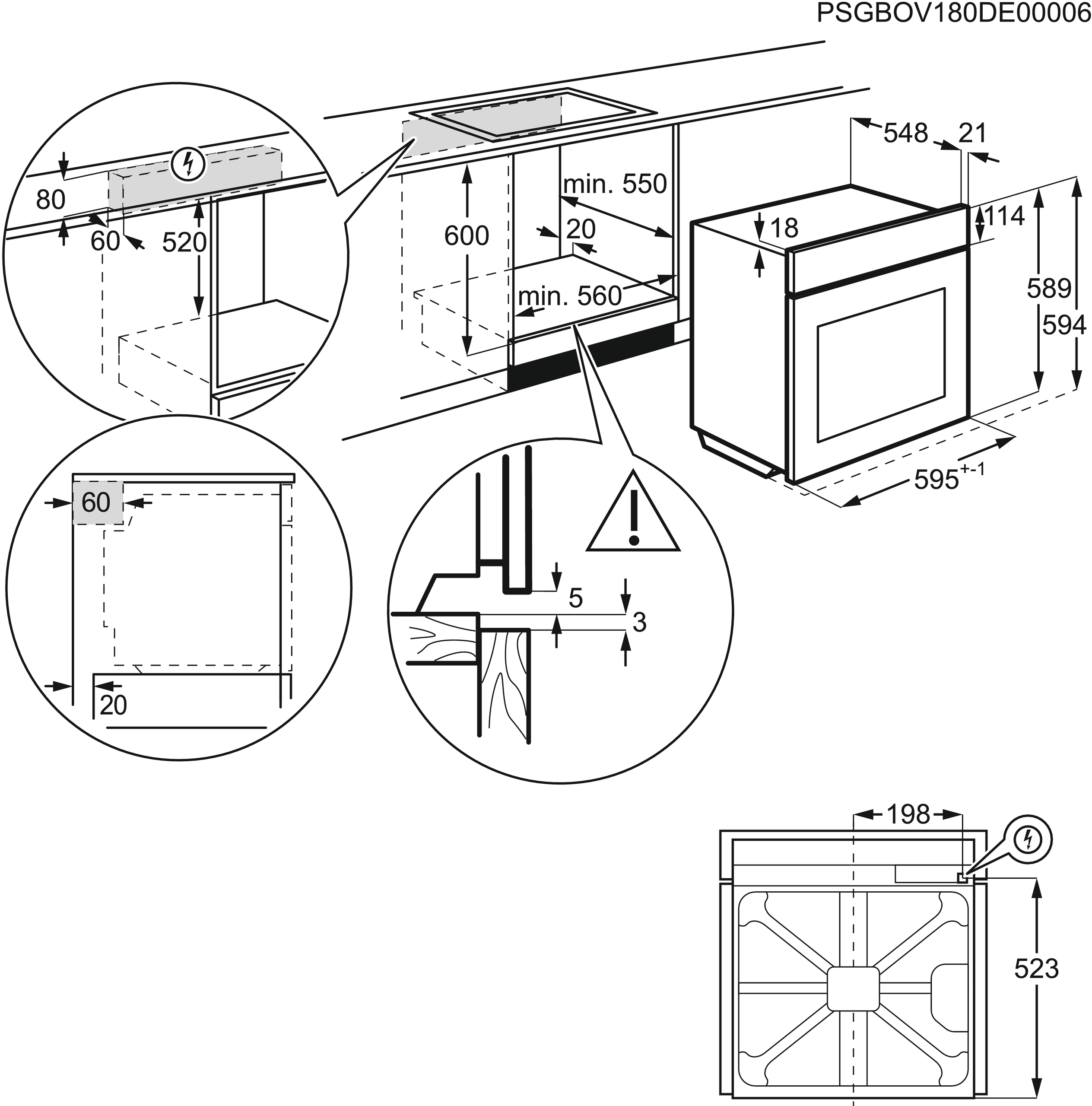 Diagramm des Einbauofens, mit Maßen und Details. Technische Zeichnung.