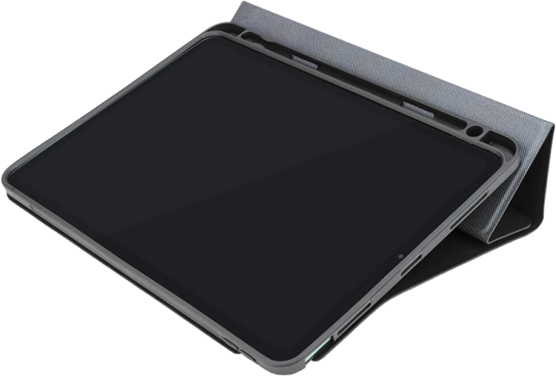 Tablet in einer Hülle. Die Hülle ist grau und der Bildschirm schwarz. Winkelansicht.