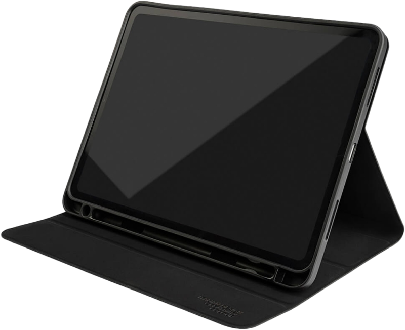 Ein schwarzes Tablet in einer schwarzen Hülle, geöffnet und abgewinkelt, mit Stiftschacht.