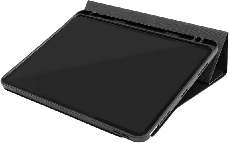 Schwarzes Tablet in einem dunkelgrauen Gehäuse, auf einem Ständer angewinkelt. Der Bildschirm ist schwarz.