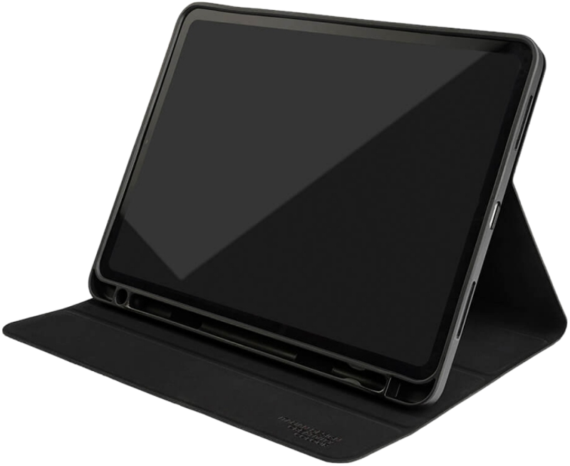 Schwarzes Tablet in einer Hülle mit Stifthalter, geöffnet auf einer Oberfläche, zeigt den Bildschirm.