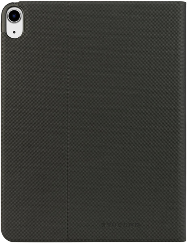 Eine schwarze iPad-Hülle mit Kameraaussparung und dem Tucano-Logo unten rechts.
