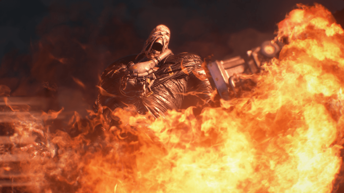 Ein Monster, das von Flammen verschlungen wird und aus einem Videospiel brüllt.