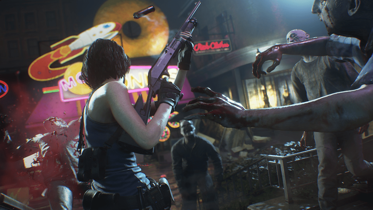 Frau mit Waffe bekämpft Zombies in einer Spielhalle. Neonschild im Hintergrund.