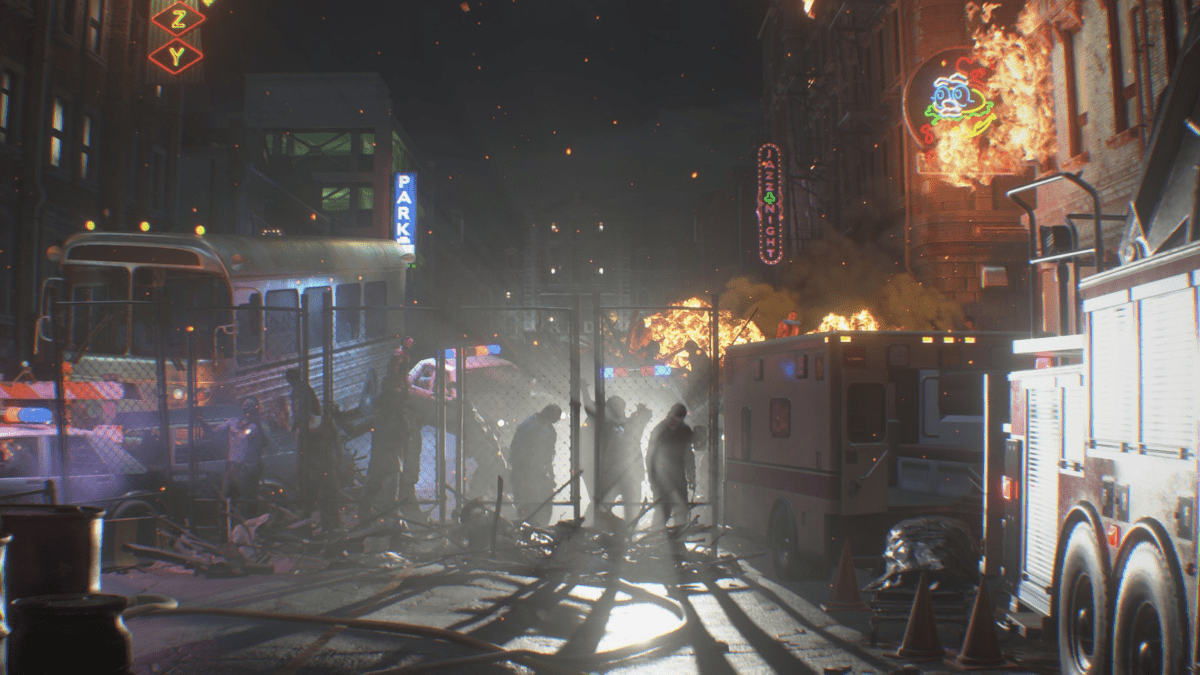 Nachts: Zombies auf einer Stadtstraße mit Feuer, Polizei und Krankenwagen.