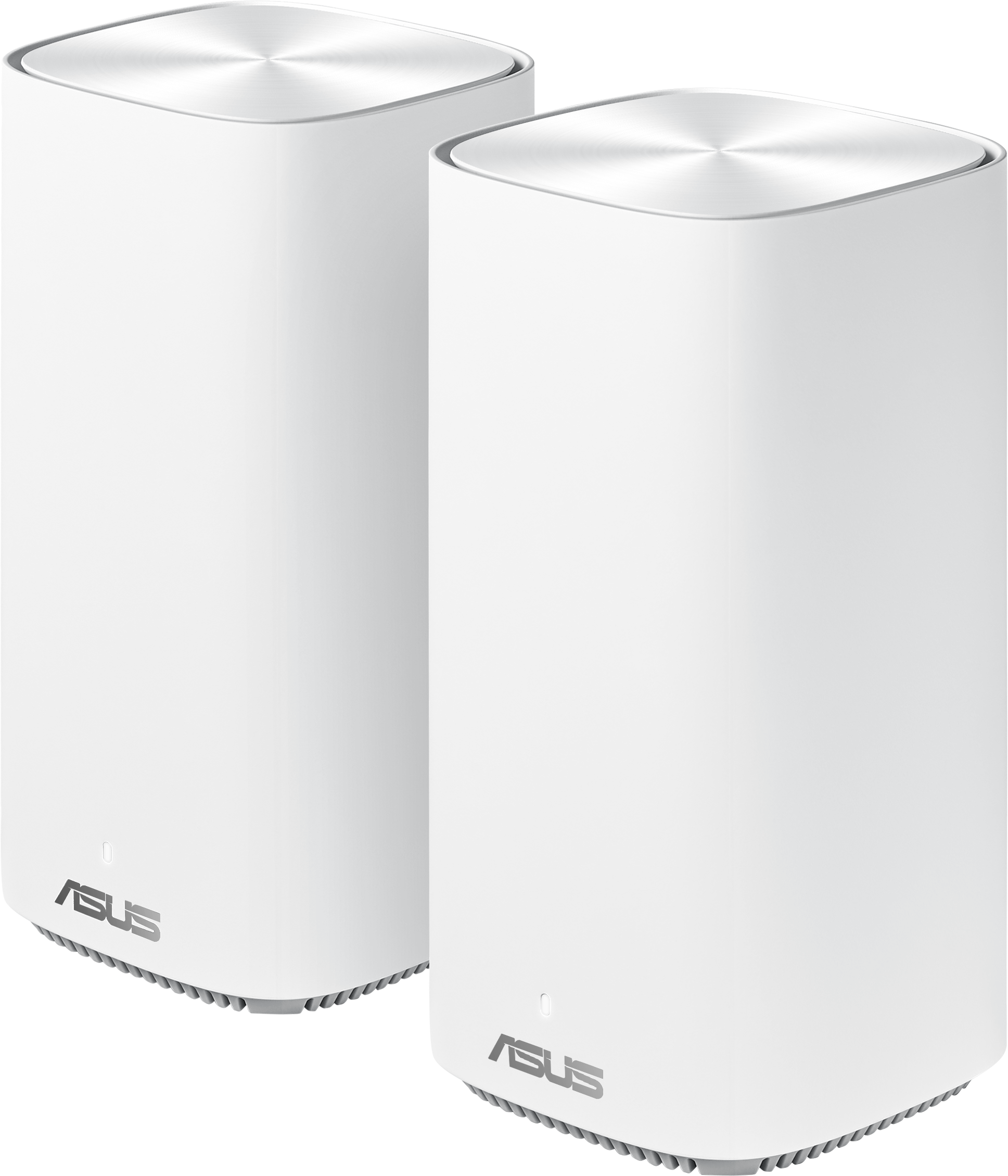 Két fehér Asus hangszóró, hengeres alak, fehér háttéren.