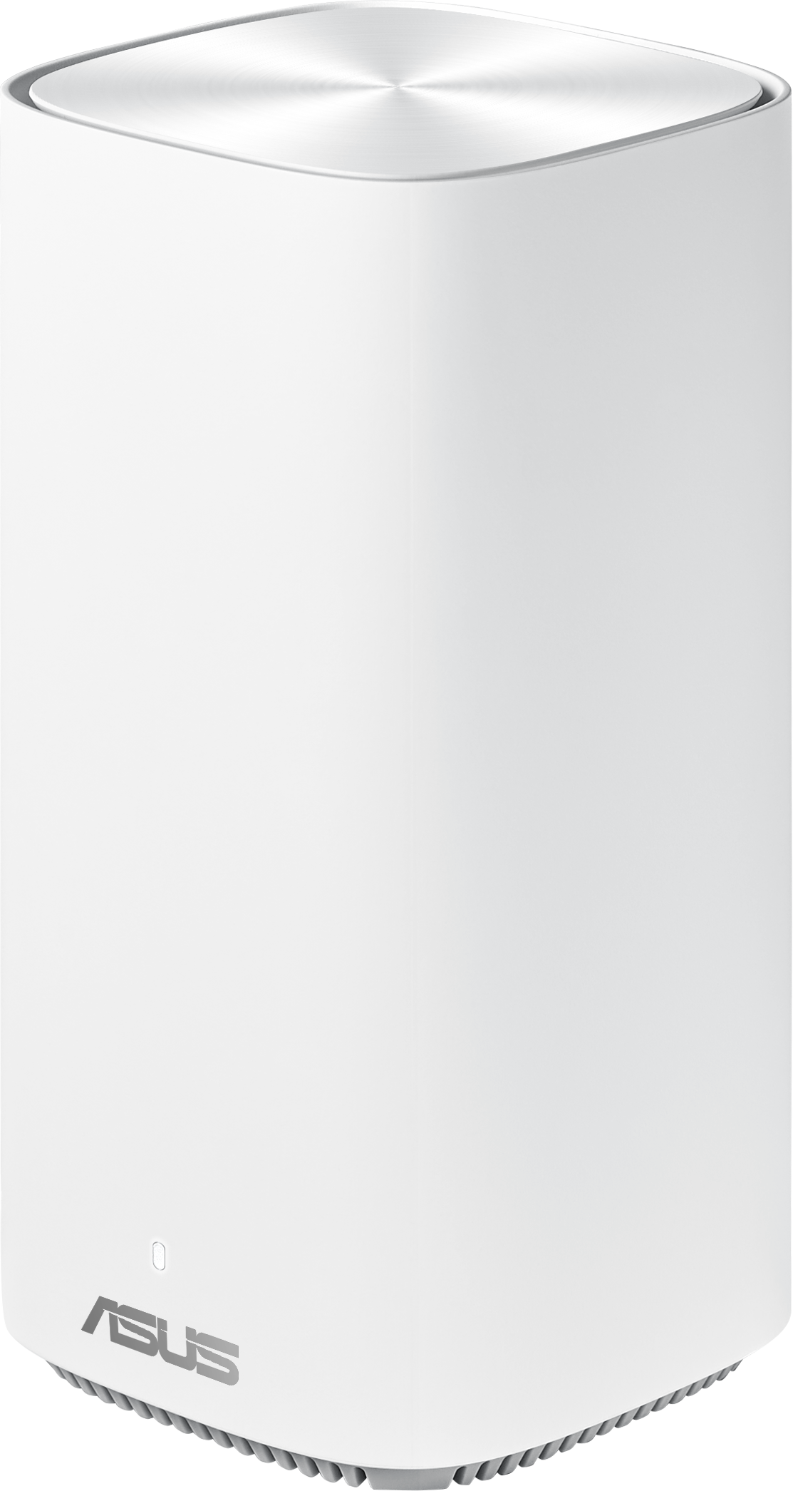Fehér torony alakú Wi-Fi router ezüst tetővel és az ASUS logóval.