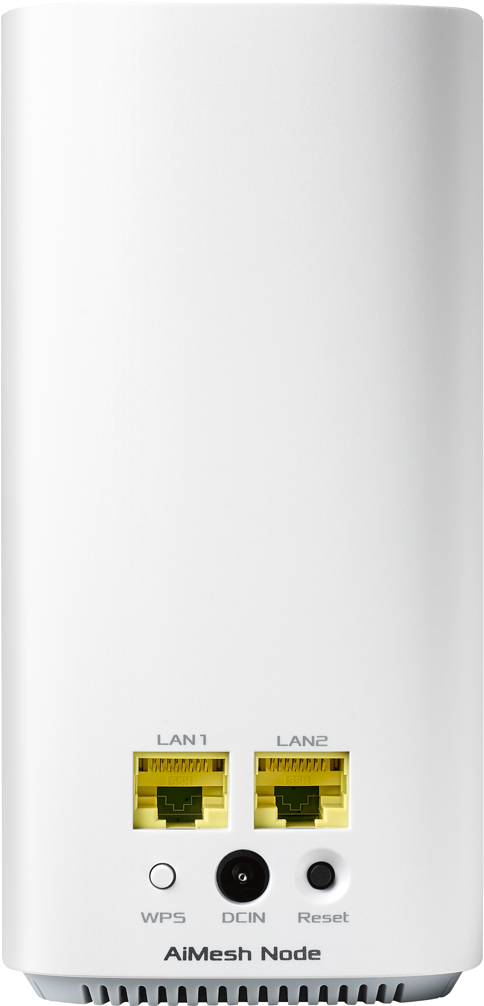 Egy fehér AiMesh Node eszköz LAN portokkal és csatlakozó portokkal a hátoldalon.