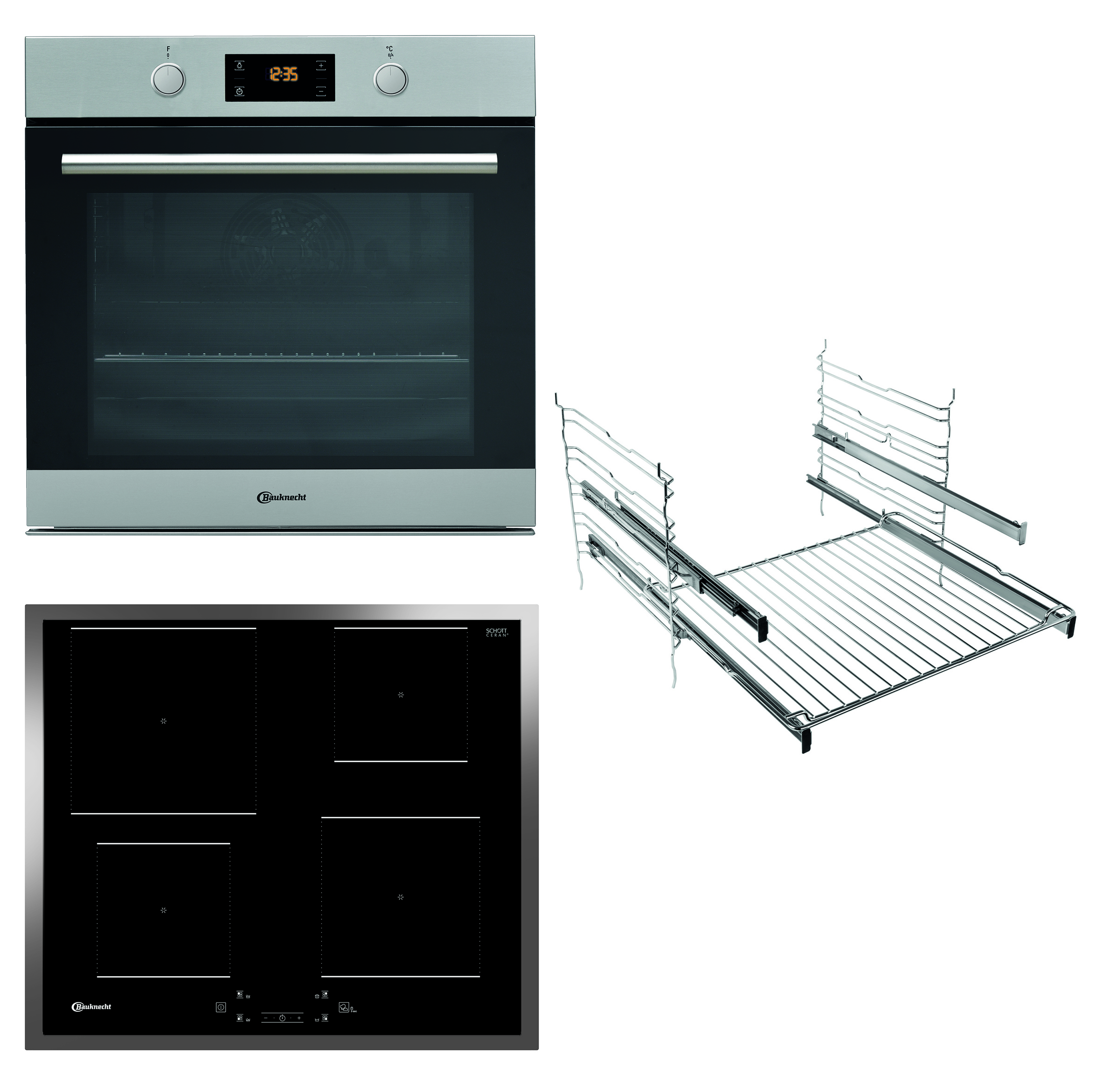 Ein Set von Küchengeräten: ein Backofen, ein Induktionskochfeld und ein Gestell zum Einschieben.
