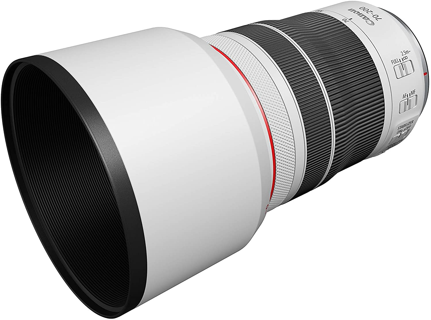 Canon 70-200mm Objektiv, weiß und schwarz, roter Ring, Fokusdetails.