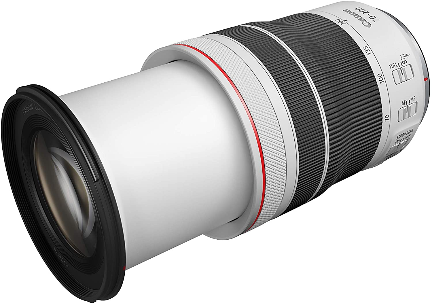 Ein weißes und schwarzes Canon-Objektiv. Es hat rote und graue Details und das Canon-Logo.